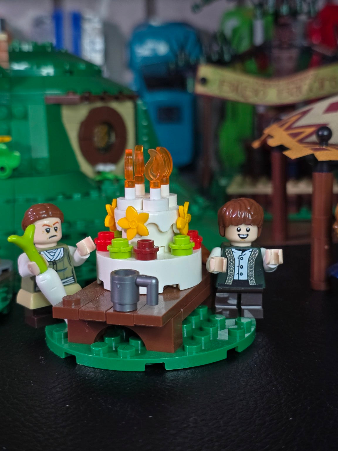 BrickVivid The Shire birthday cake and figures scene
