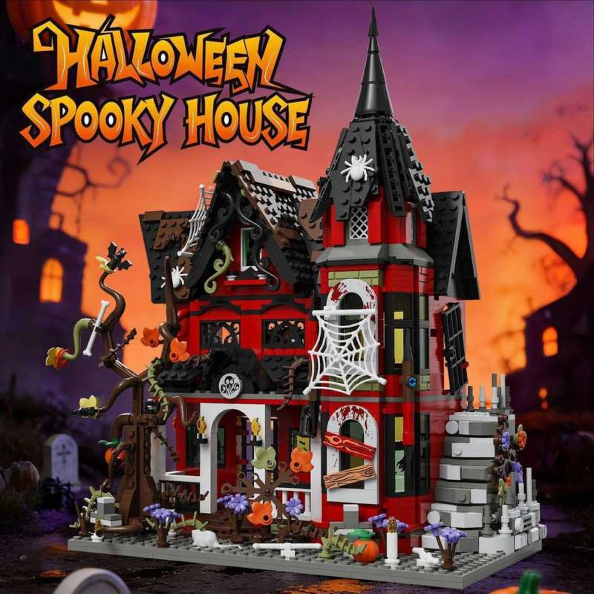 CraftBrickWorks Halloween Spooky House displayed against a Halloween backdrop