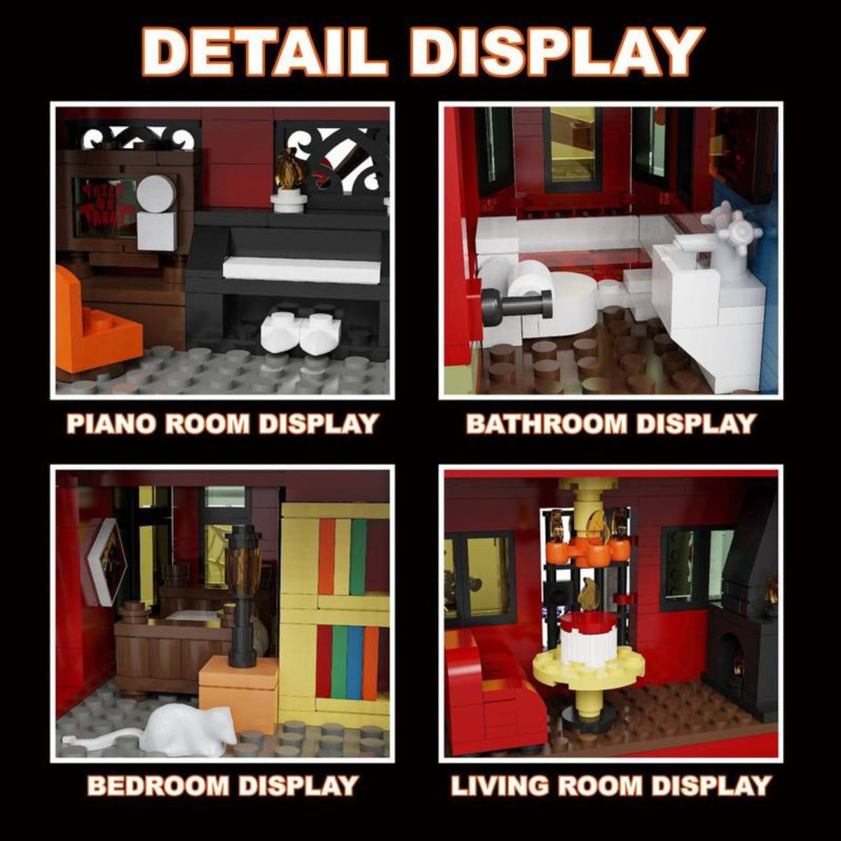 Interior details of CraftBrickWorks Halloween Spooky House including piano room bathroom bedroom and living room