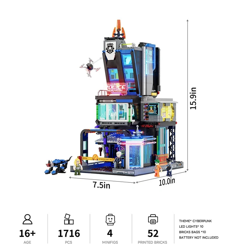 LumiBricks Cyberpunk Police HQ – 1,716 Piece Light-Up Building Set
