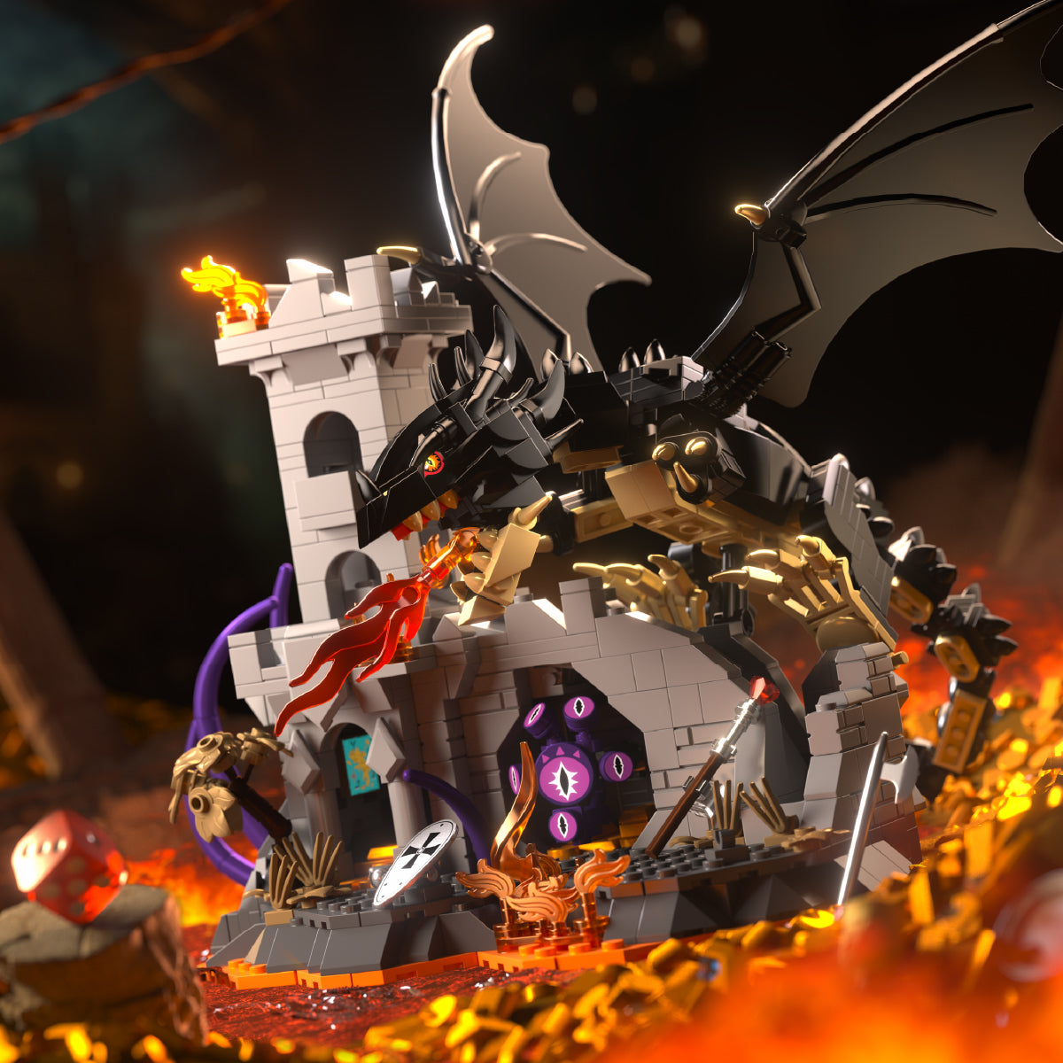 IAMBRICK Dragonfire Castle finished fantasy display with poseable black dragon over the castle