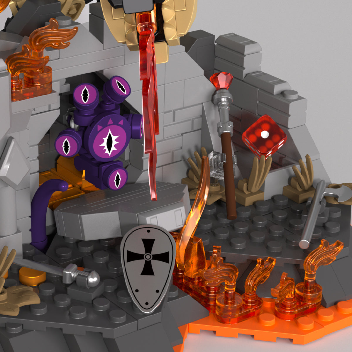 IAMBRICK Dragonfire Castle close-up showing the hidden six-eyed creature, flames and fantasy accessories