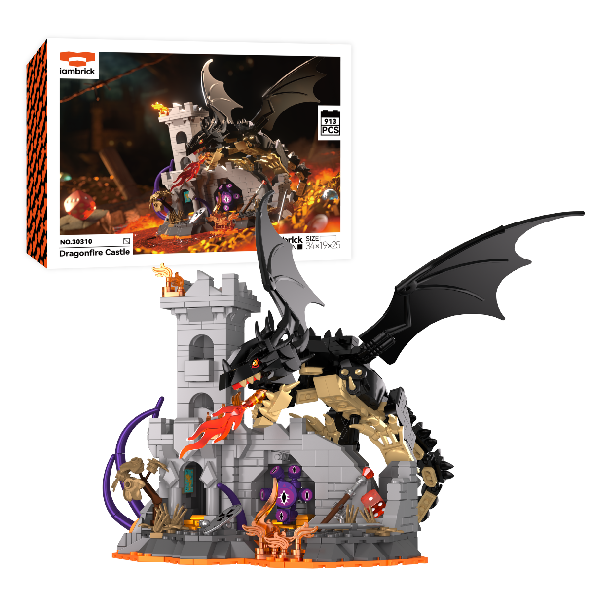 IAMBRICK Dragonfire Castle 919-piece set with black dragon, fantasy castle and retail box