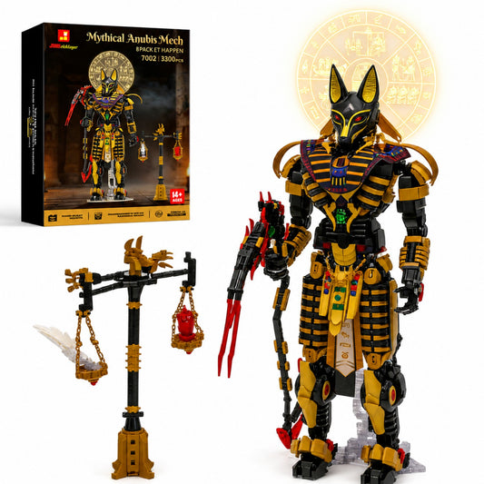 JMBricklayer Mythical Anubis Mech 70012 building set with illuminated halo, balance display and product box