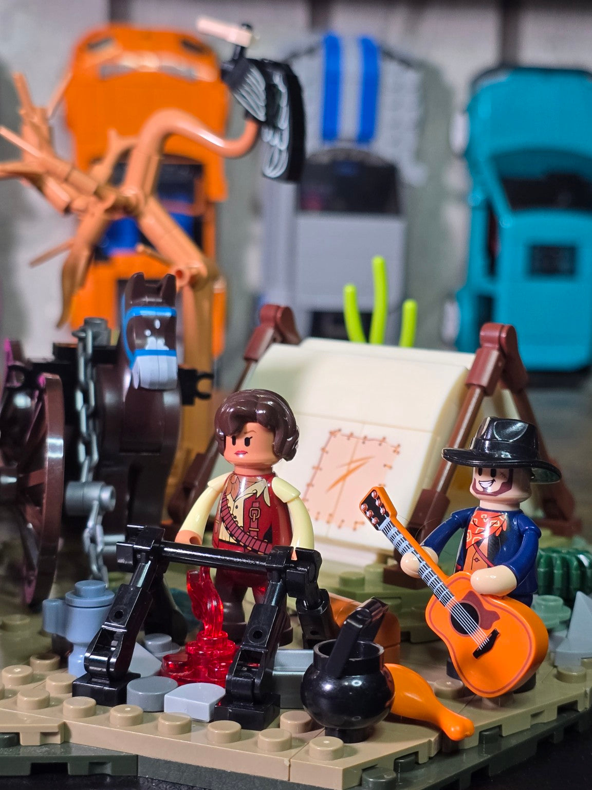 Bricks & Giggles close-up of the finished LumiBricks Cowboy Camp figures and campfire