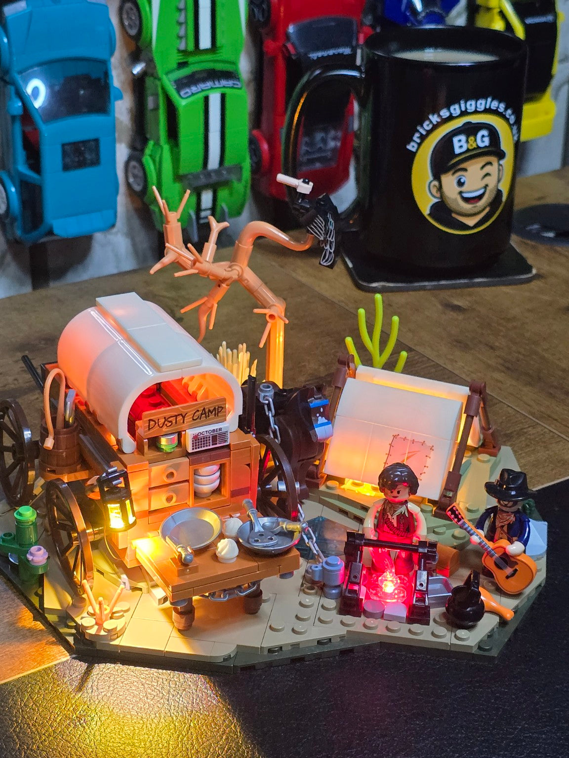 Finished LumiBricks Cowboy Camp with its integrated lighting switched on