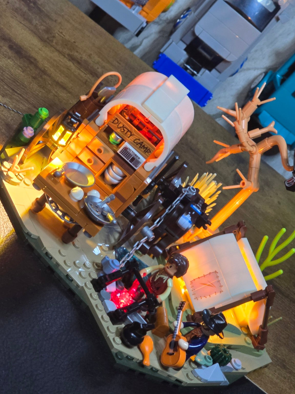 Angled view of the finished LumiBricks Cowboy Camp with integrated lights on