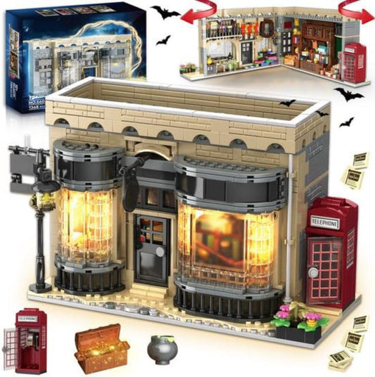 TOKMOC Diagon Alley building set supplier image showing lit storefront build and box