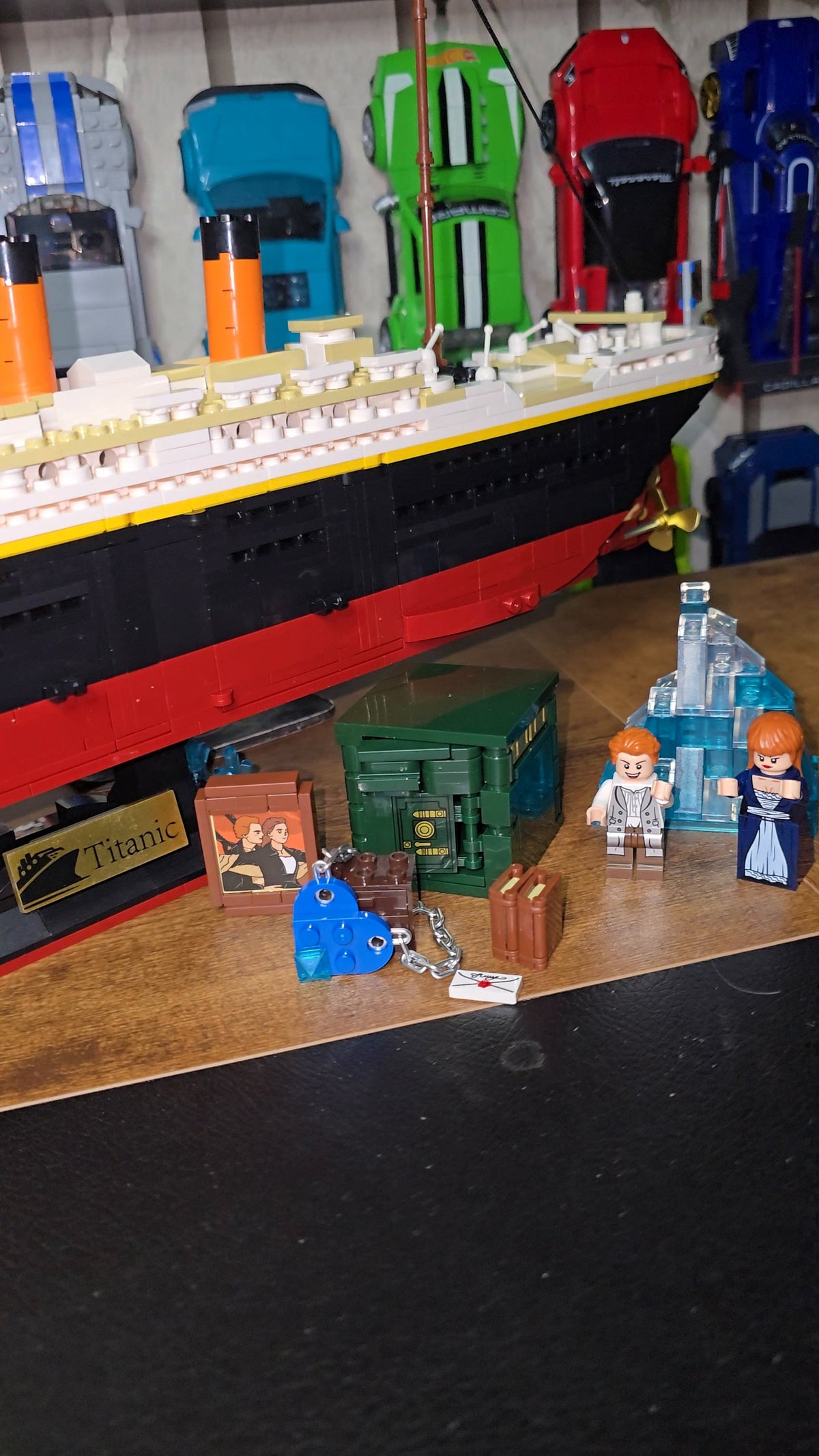 Close side view of the Titanic hull, funnels and lifeboats